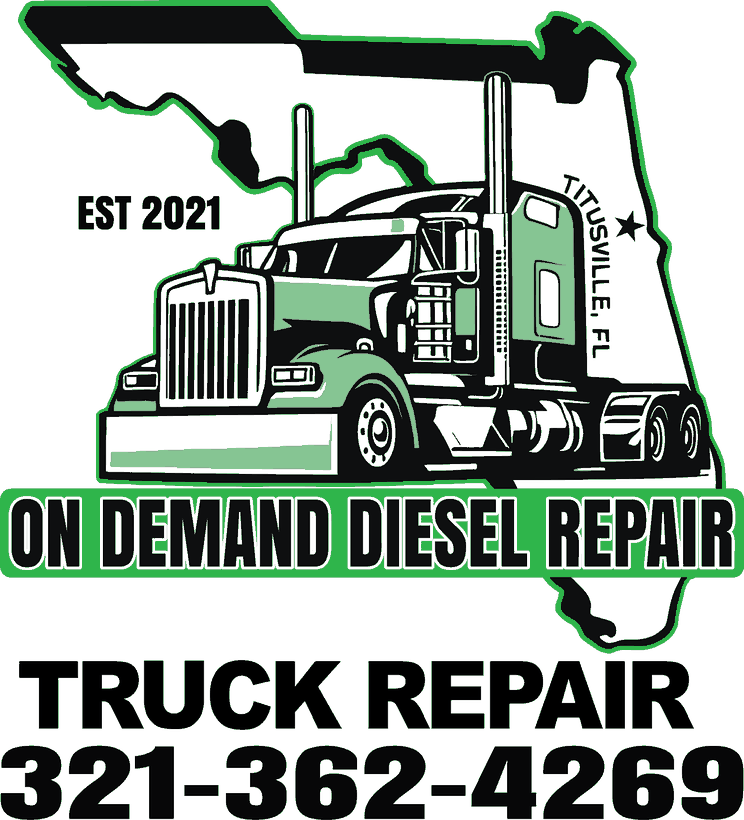 On Demand Diesel Repair logo. Semi truck over the state of Florida with a star on Titusville. Established 2021.